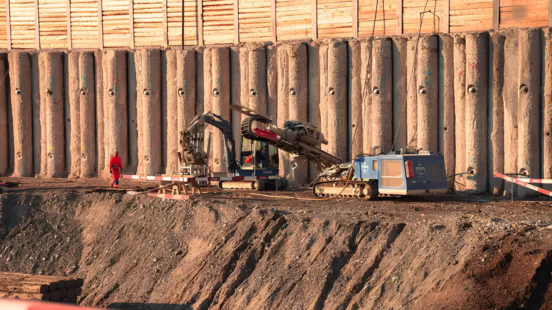 Construction site of the Technology Center Laufenburg, showing the massive underground excavation pit for the world's largest vanadium redox flow battery.