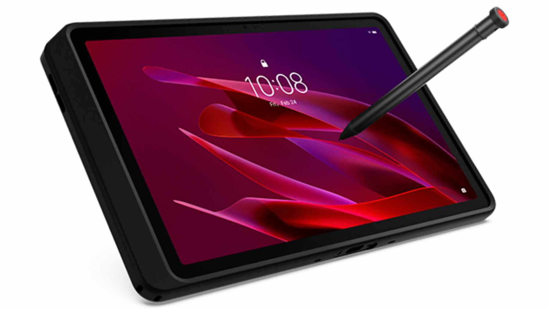 Lenovo ThinkTab X11 rugged Android tablet showing its screwless removable battery compartment and reinforced protective frame.