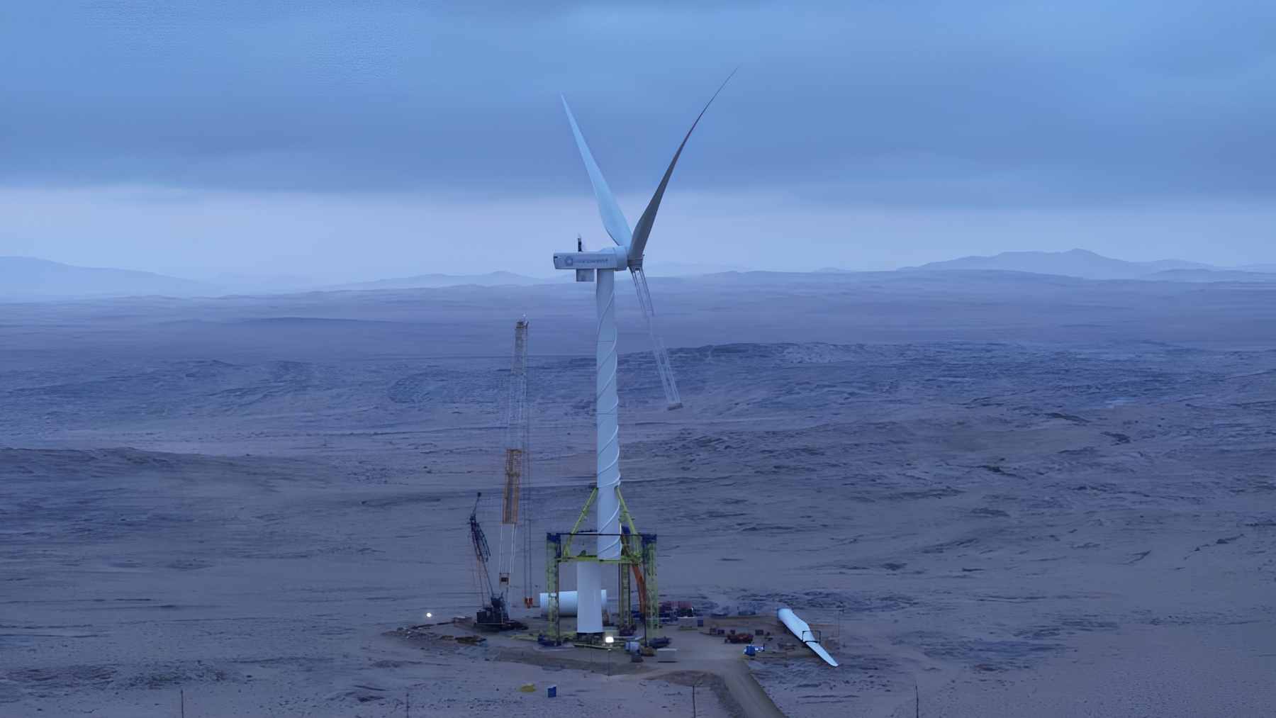 The Nabrawind Skylift system raising a Goldwind wind turbine nacelle at the InnoVent Diaz wind farm in Namibia without the use of a traditional large crane.