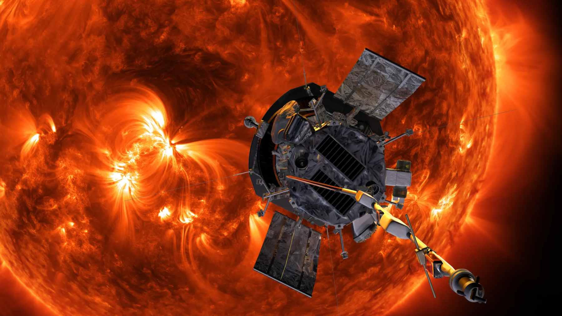 The Parker Solar Probe with its 8-foot-wide white heat shield facing the Sun as it maneuvers through the solar atmosphere.
