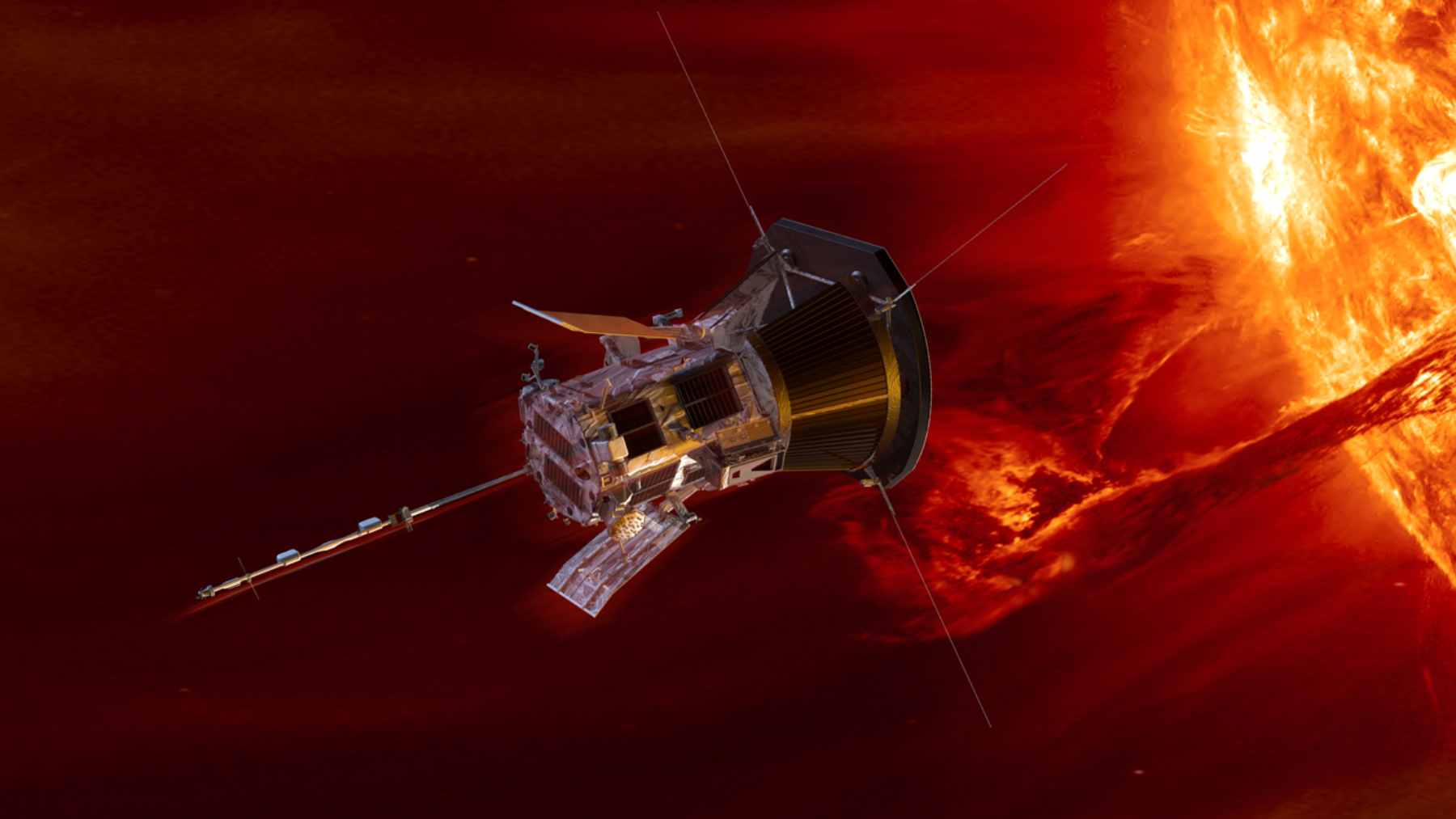 The Parker Solar Probe with its 8-foot-wide white heat shield facing the Sun as it maneuvers through the solar atmosphere.