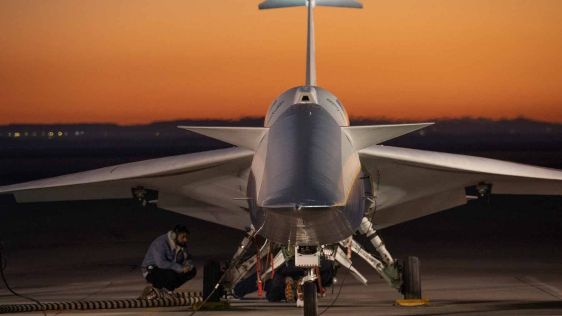 NASA's experimental X-59 quiet supersonic research aircraft in flight, featuring its distinctive long, needle-like nose.