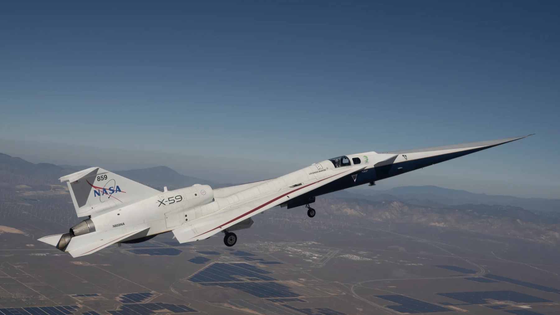 NASA's experimental X-59 aircraft in flight, captured during testing to validate its low-boom supersonic design.