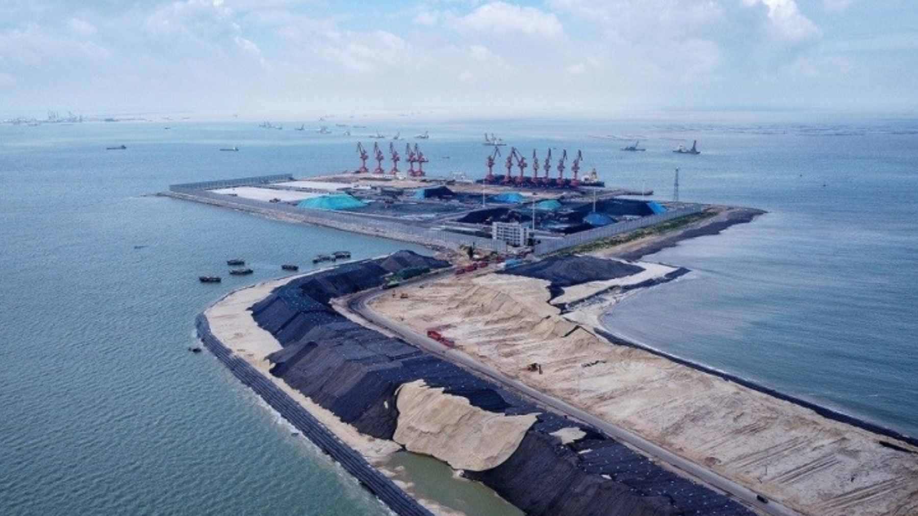 An aerial view of the Pinglu Canal's navigation hubs during the final water-filling phase in Guangxi, China.