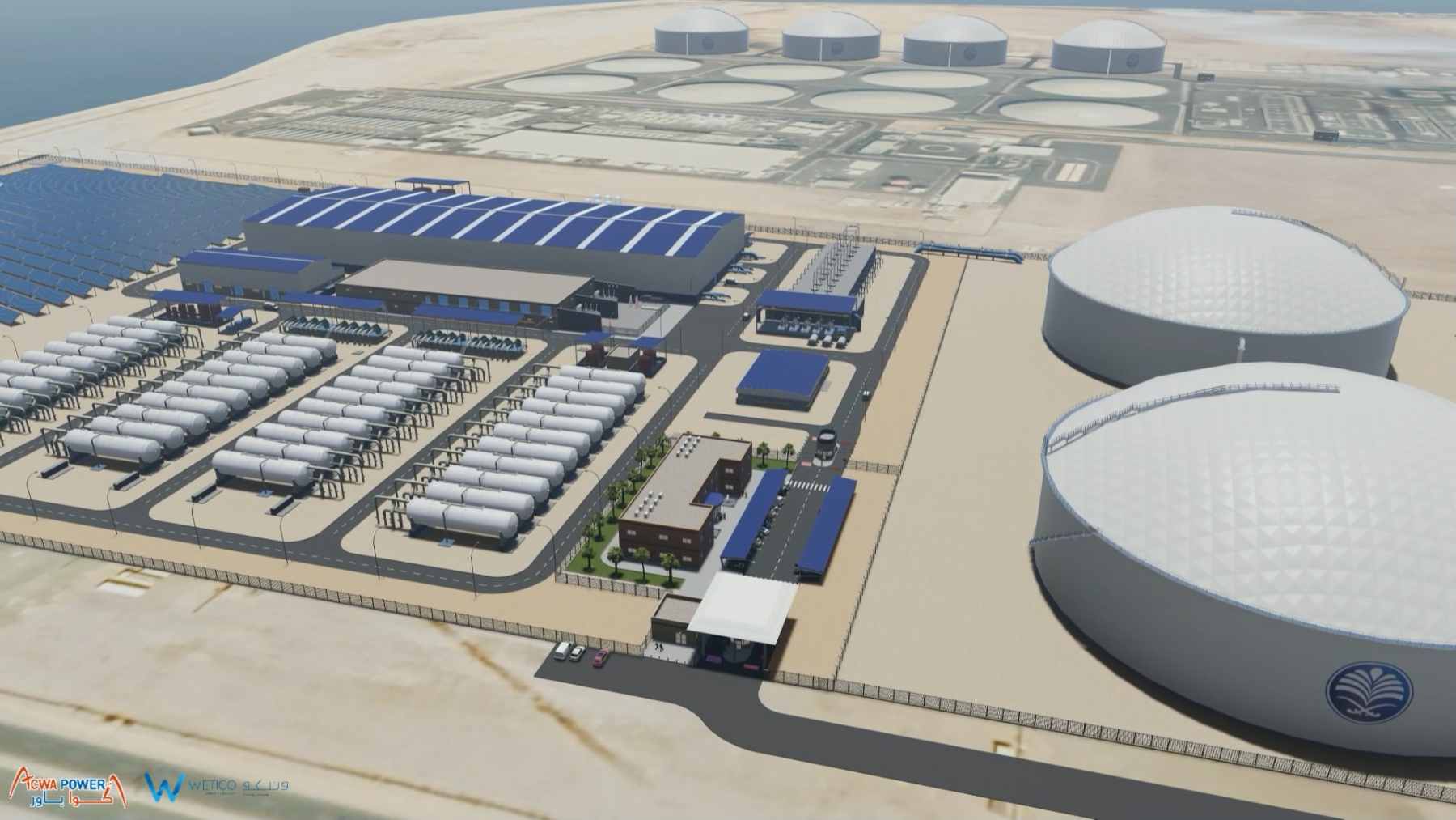 Aerial view of the Rabigh 4 desalination facility along the Red Sea coast, featuring large-scale reverse osmosis infrastructure and water storage tanks.