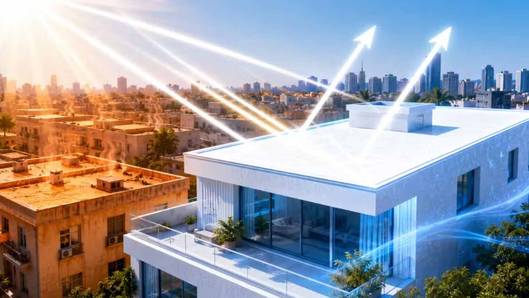 A close-up view of the white polymer smart paint applied to a roof surface, demonstrating its sunlight-reflective properties.