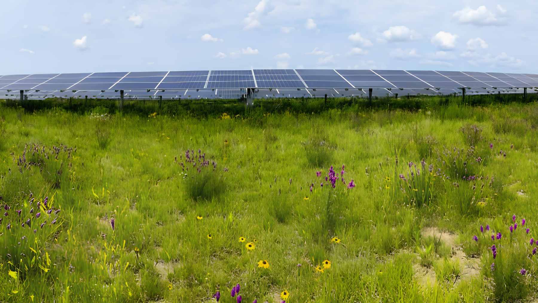 Native flowering plants and grasses growing beneath raised solar panels at a pollinator-friendly solar farm in Minnesota.