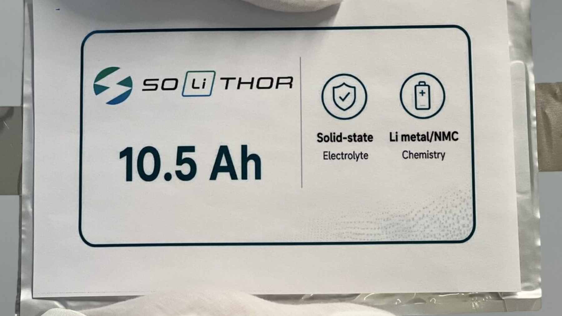 A 10 Ah multilayer pouch cell prototype from SOLiTHOR, showcasing the company's solid-state battery technology designed for aerospace and defense.