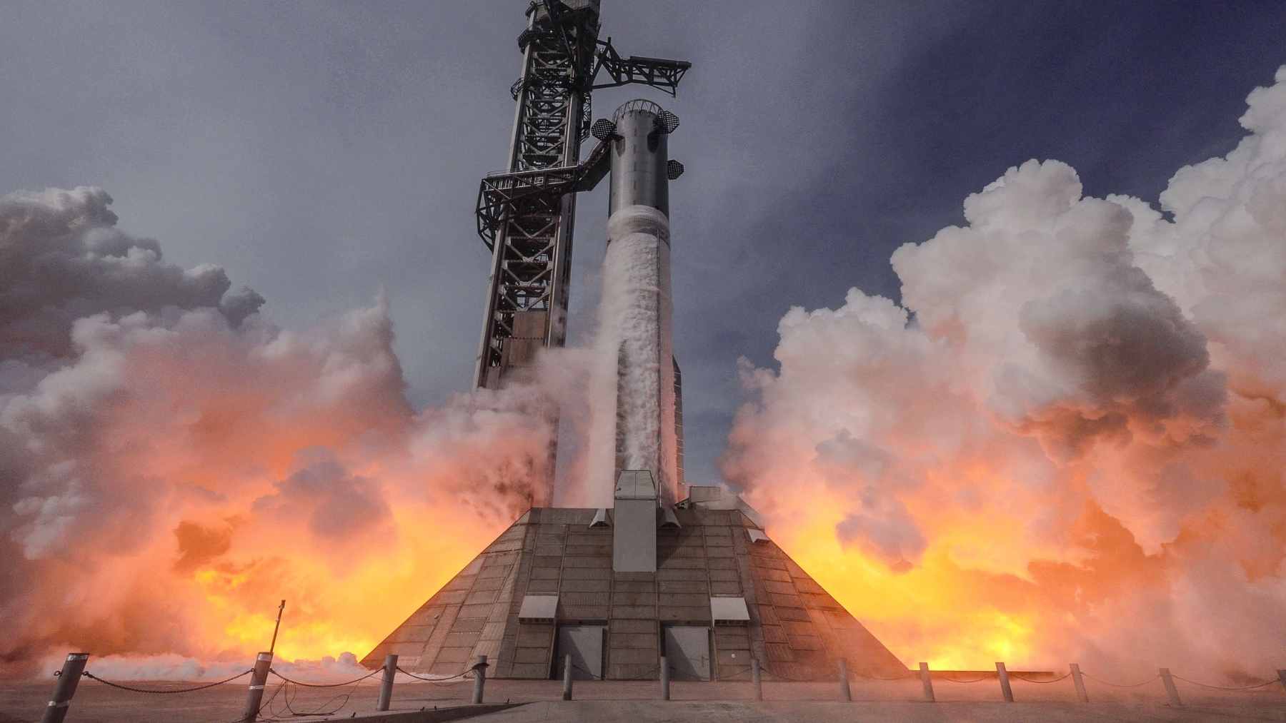 SpaceX Starship V3 launching from the new Pad 2 at Starbase, Texas, on its historic debut flight.