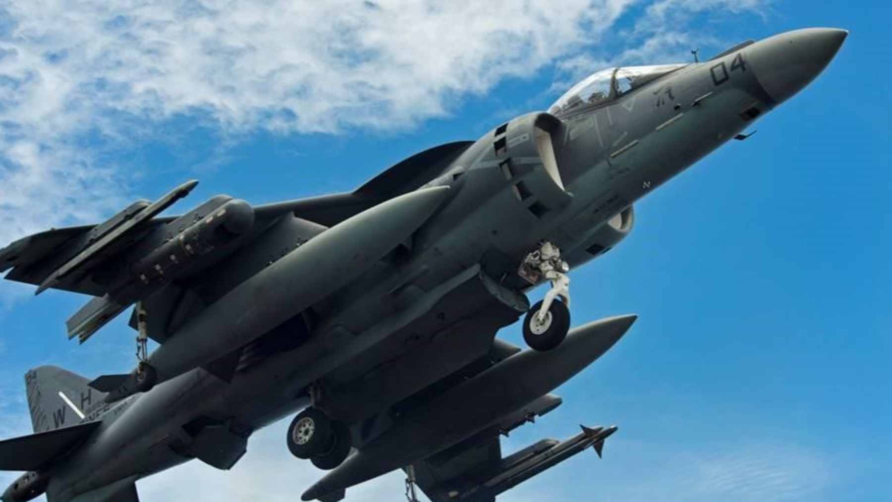 A US Marine Corps AV-8B Harrier II performing its signature vertical landing during a retirement ceremony at Cherry Point.