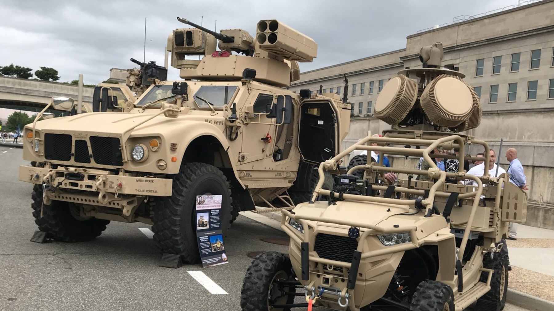 A U.S. Marine Corps Joint Light Tactical Vehicle (JLTV) equipped with the MADIS air defense system during a training exercise.
