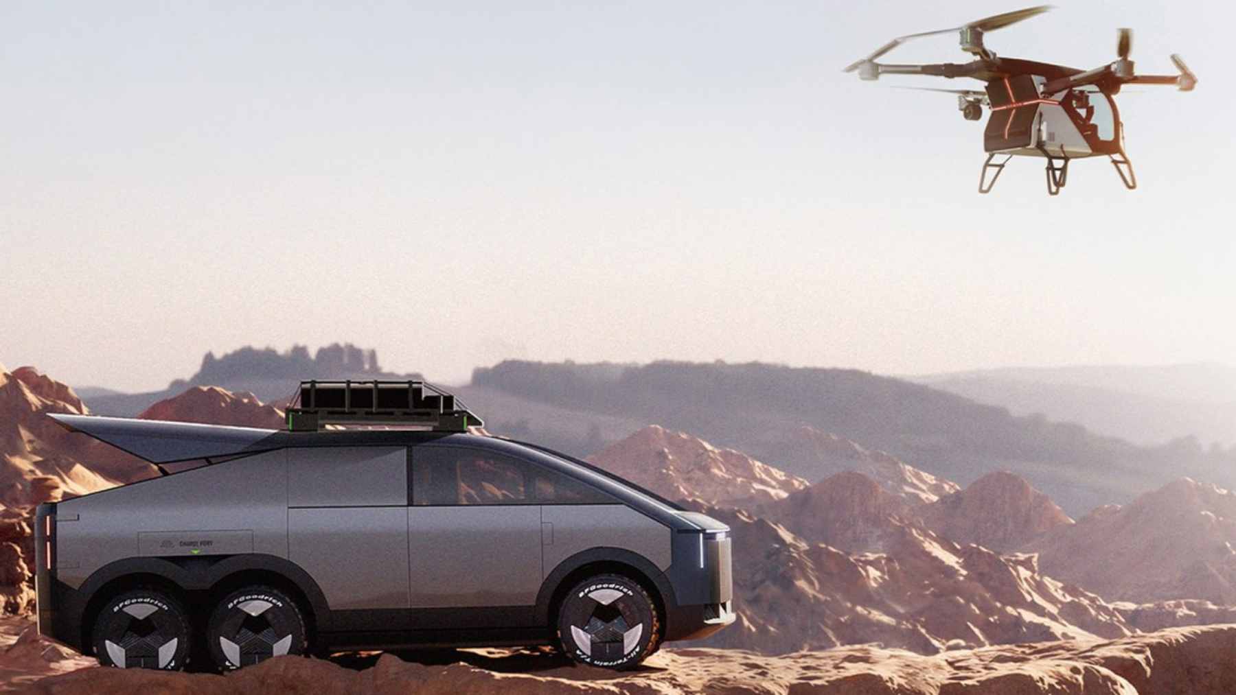 XPeng AeroHT Land Aircraft Carrier modular vehicle showing the detachable eVTOL aircraft module atop the ground transport carrier.
