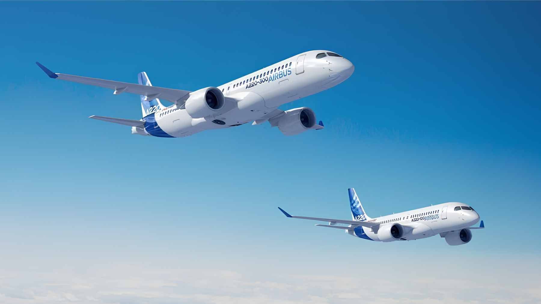 An Airbus A220 passenger aircraft flying in the sky, representing modern commercial aviation and fleet efficiency.