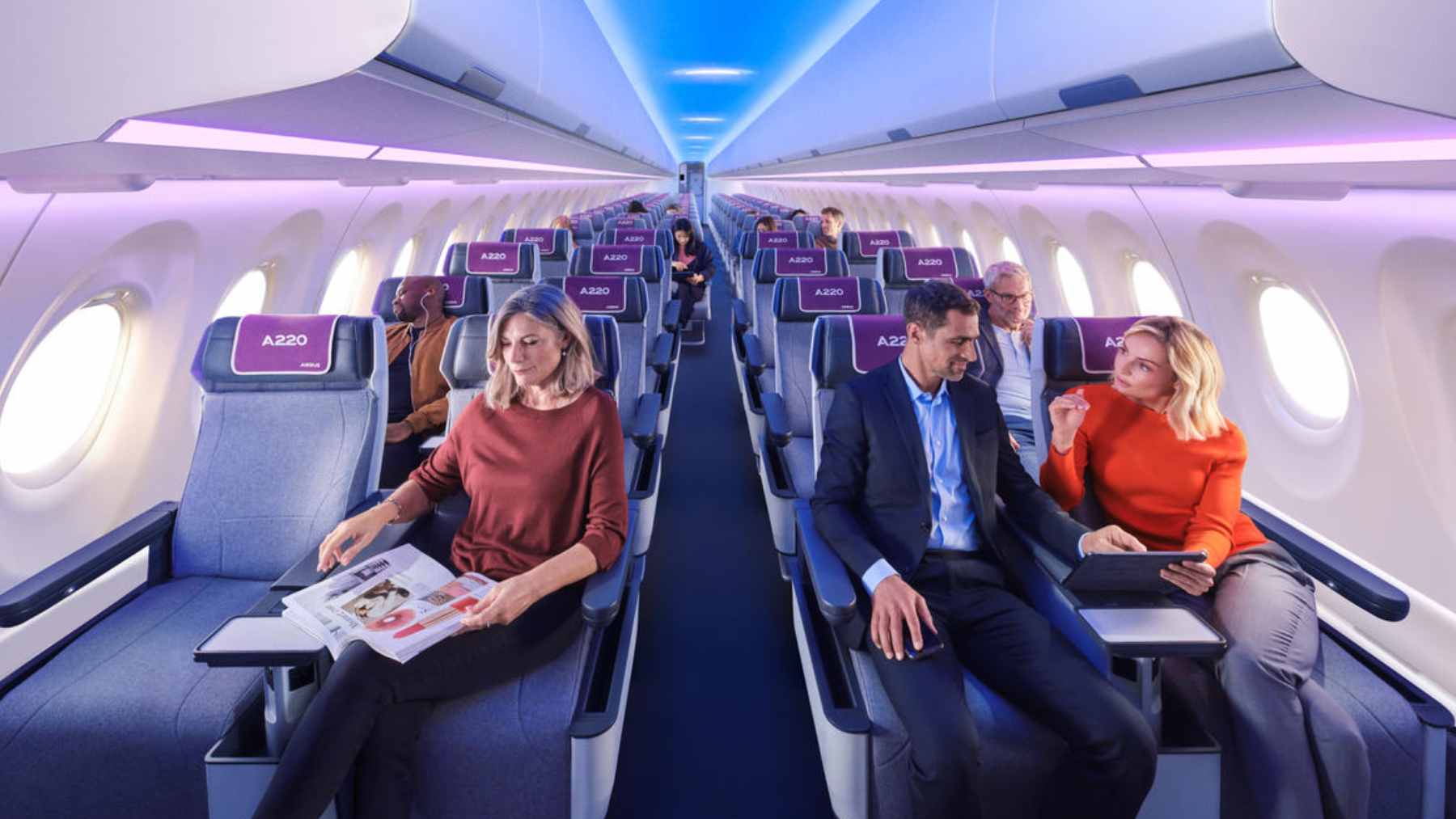 A new high-density Airbus A220 enters service in 2027: the redesign that squeezes in more seats 2 An Airbus A220 commercial passenger aircraft in flight, representing the updated high-density 160-seat cabin layout and Airspace interior enhancements.
