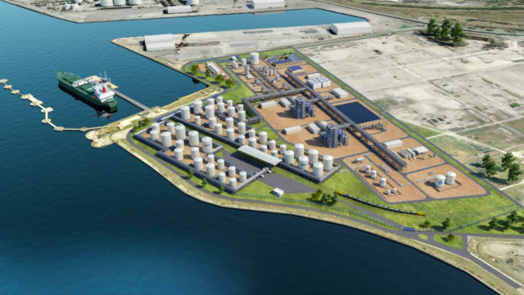 A digital rendering of the future sustainable aviation fuel facility located at the Port of Dunkirk in northern France.