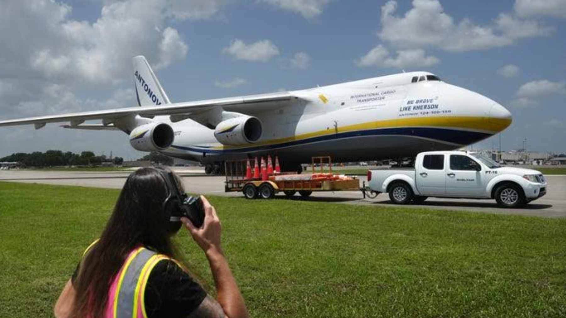 Antonov AN-124 cargo plane taxiing on the runway at Melbourne Orlando International Airport during its Florida stop.