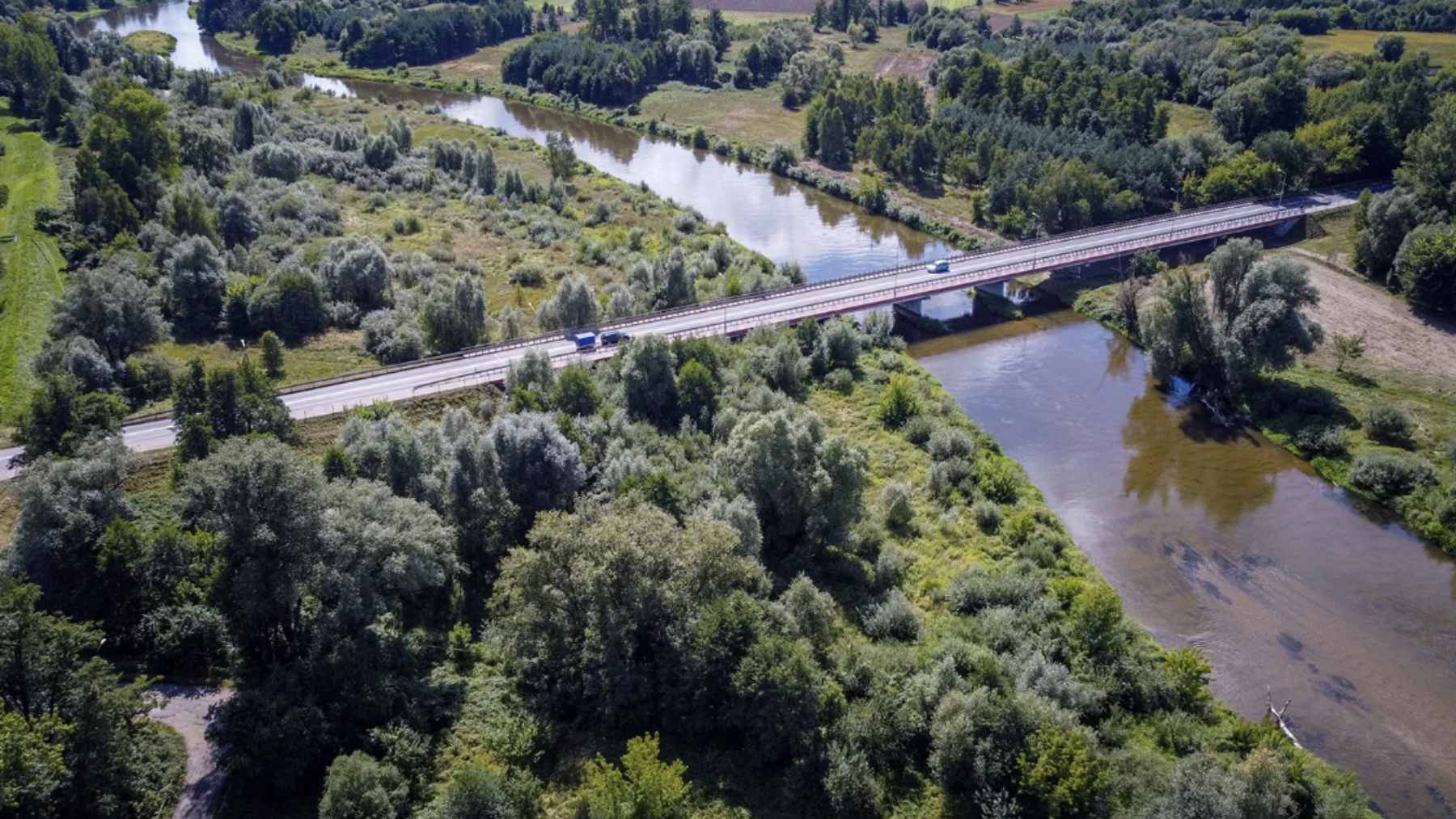 Construction site of the new Biechowy bridge over the Warta River in Konin County, Poland, designed for heavy-load logistics.
