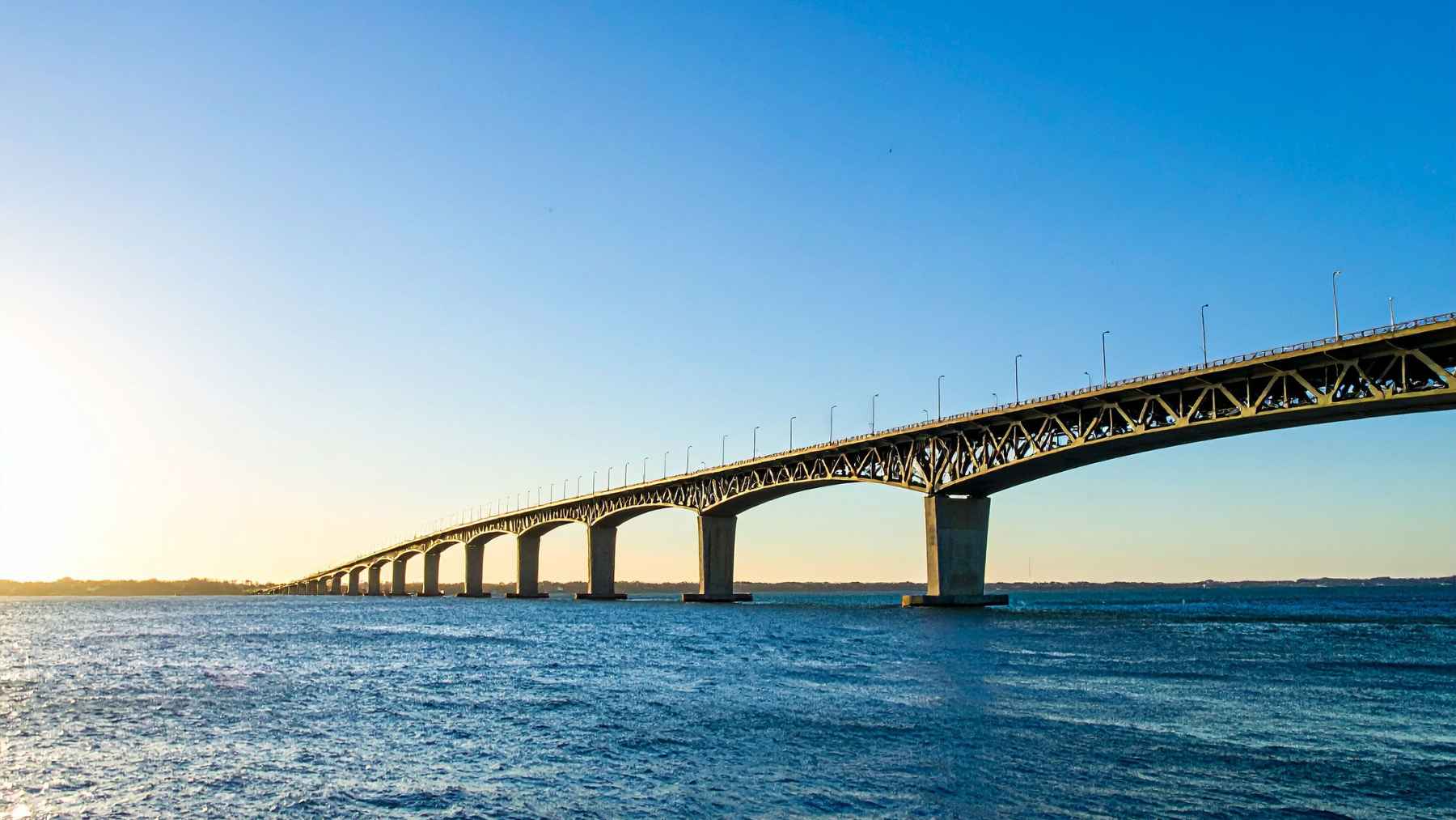 Construction work and marine platforms for the new Salvador-Itaparica sea bridge across the Bay of All Saints in Brazil.