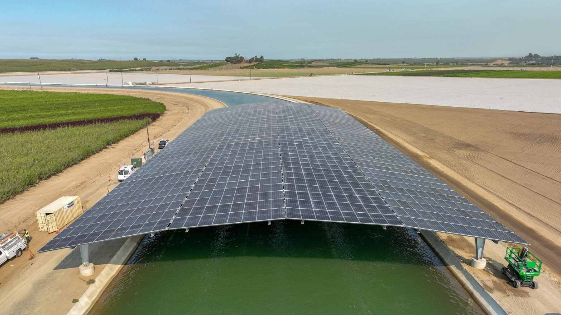 California roofed its irrigation canals with solar panels, and covering all 4,000 miles could save billions of gallons of water 2 A solar panel canopy installed over an irrigation canal in California’s Central Valley as part of the Project Nexus pilot program.