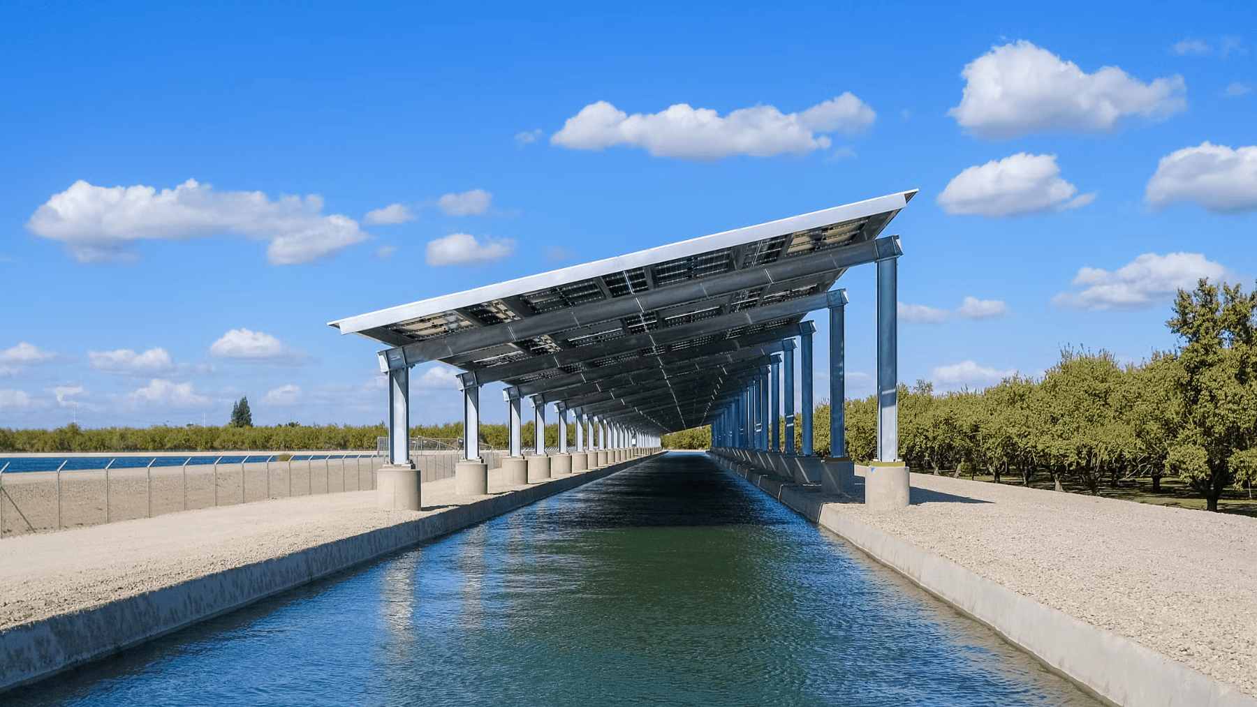 Solar panels installed as a canopy over a section of an irrigation canal in California's Central Valley as part of the Project Nexus pilot program.