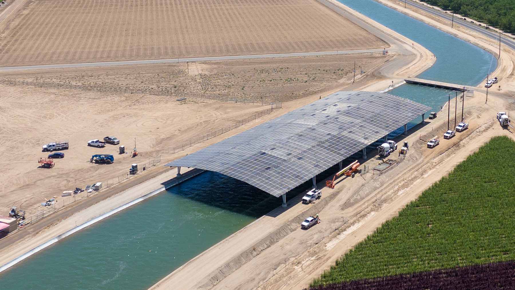 California roofed its irrigation canals with solar panels, and covering all 4,000 miles could save billions of gallons of water 1 Solar panels installed as a canopy over a section of an irrigation canal in California's Central Valley as part of the Project Nexus pilot program.