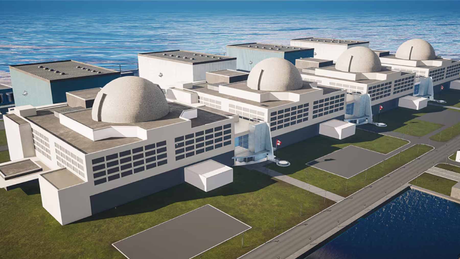 An aerial view of a Canadian nuclear power facility, highlighting the scale of reactor infrastructure needed for the grid expansion.