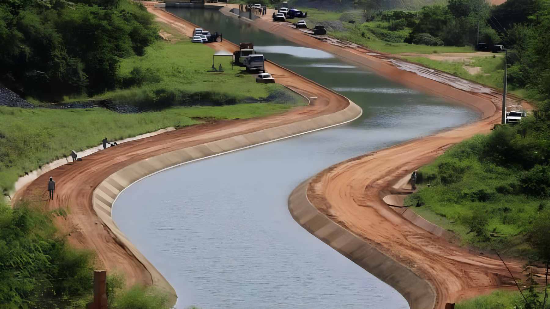An aerial view of the Water Belt of Ceará, showcasing the vast concrete channels and hydraulic infrastructure of the 90-mile artificial river.