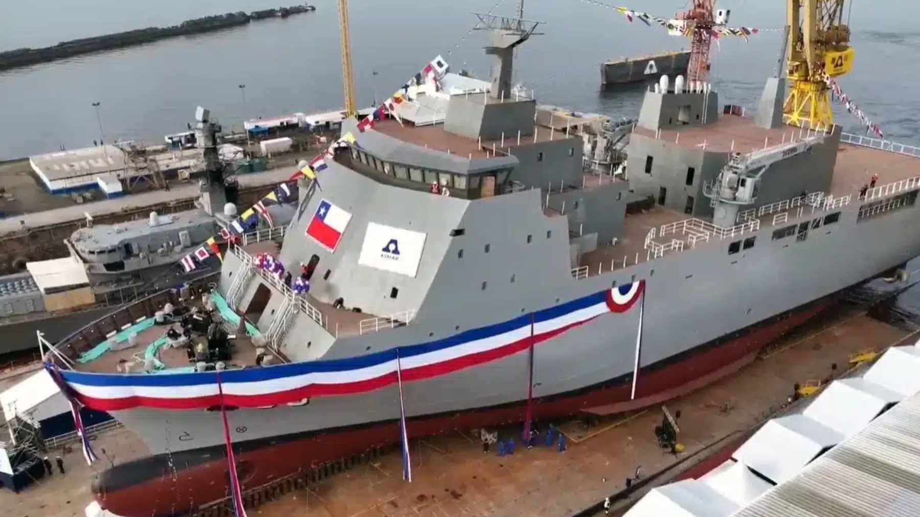 The LPD-93 Magallanes multipurpose naval ship being launched at the ASMAR Talcahuano shipyard in Chile.