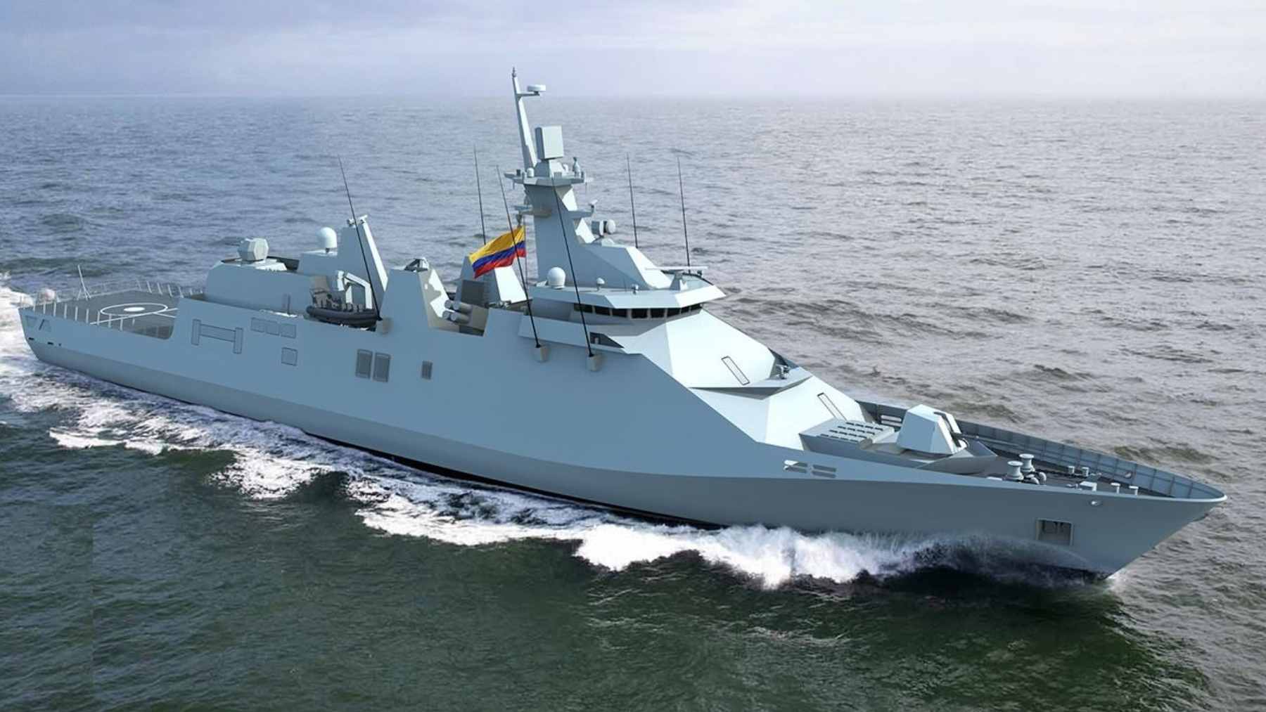 Steel cutting ceremony at COTECMAR's Mamonal facility in Cartagena for the first Colombian-built Strategic Surface Platform (PES) frigate.