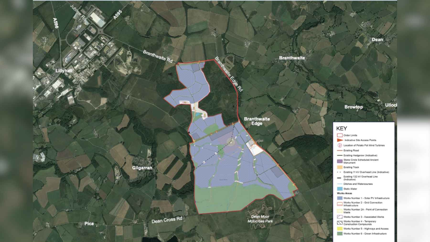 A utility-scale solar photovoltaic farm layout representing the approved 683-acre Dean Moor Solar Farm project in West Cumbria, England.
