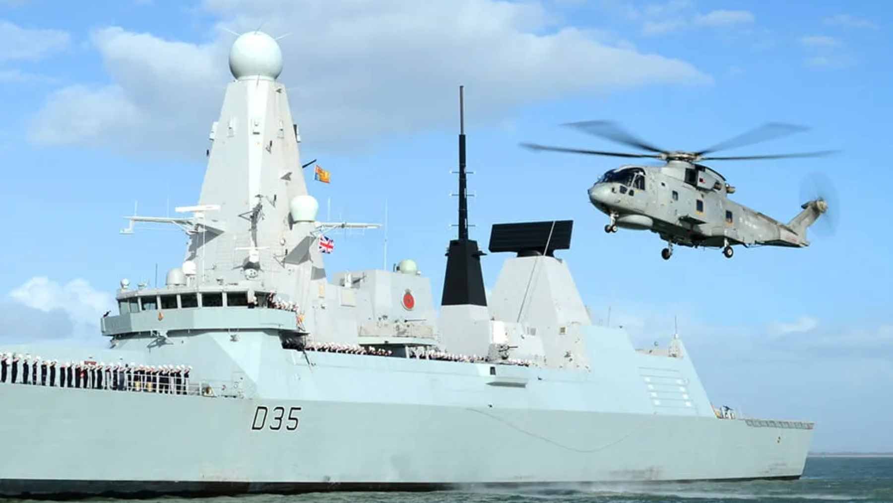A conceptual rendering of the DragonFire high-energy laser system mounted on the deck of a Royal Navy Type 45 destroyer.