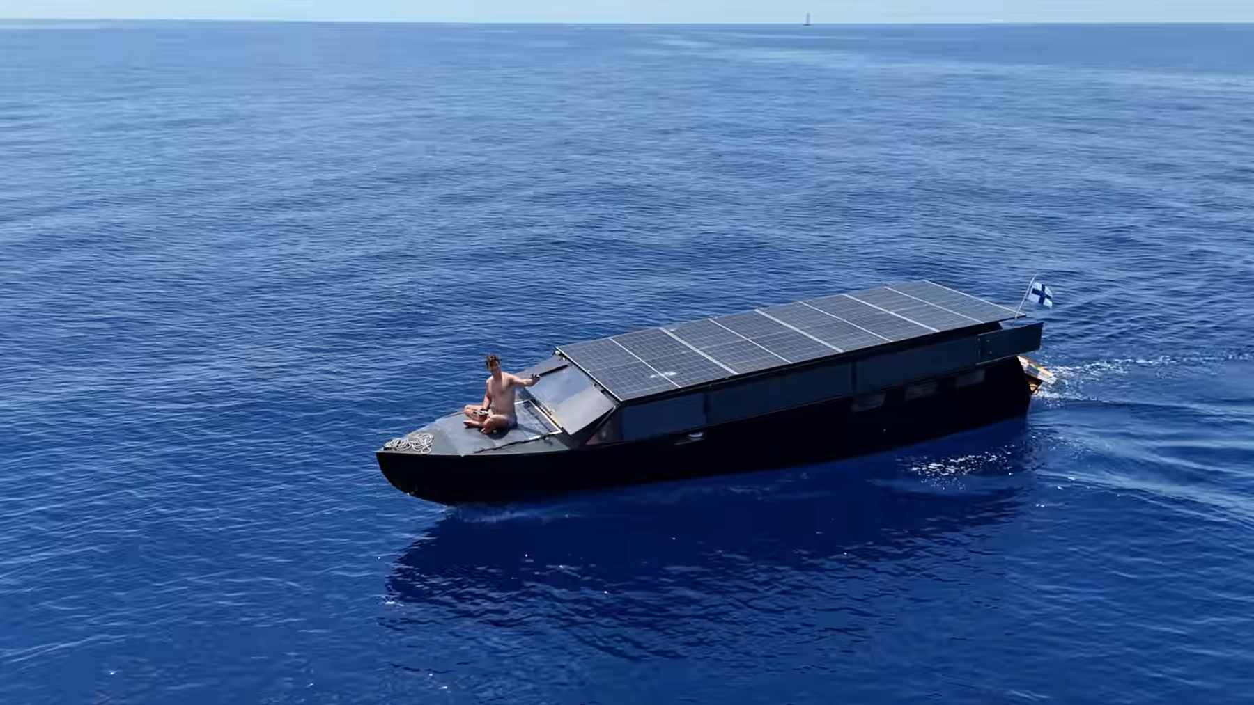 Lukas Sjöman’s custom-built solar yacht, Helios 11, sailing through European coastal waters.