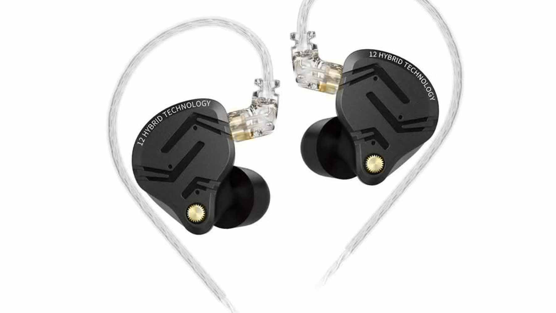 Close-up of an in-ear monitor (IEM) showcasing the silicone ear tip and detachable cable design compared to standard wireless earbuds.