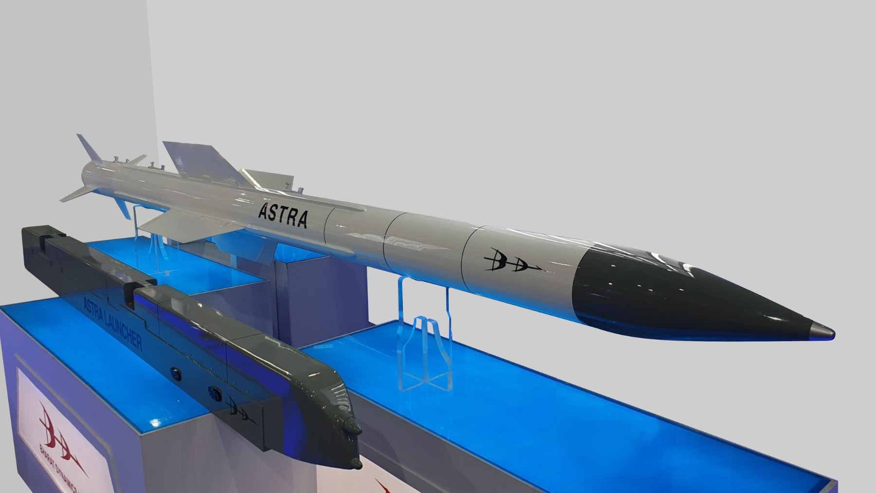 An Indian Astra air-to-air missile displayed at a defense exhibition, highlighting India's expanding defense manufacturing and export capabilities.