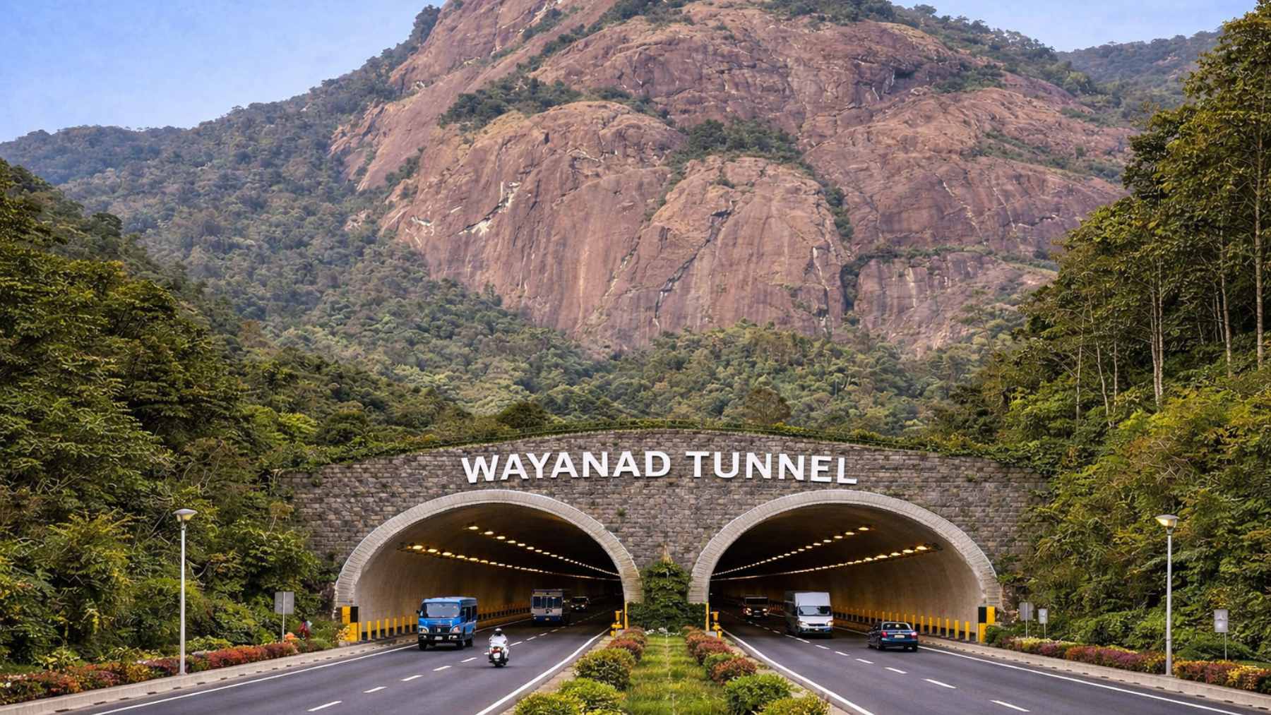 A scenic view of the Western Ghats mountain range in Wayanad, Kerala, where the proposed Chooralmala-Pothukallu tunnel project aims to improve regional connectivity.