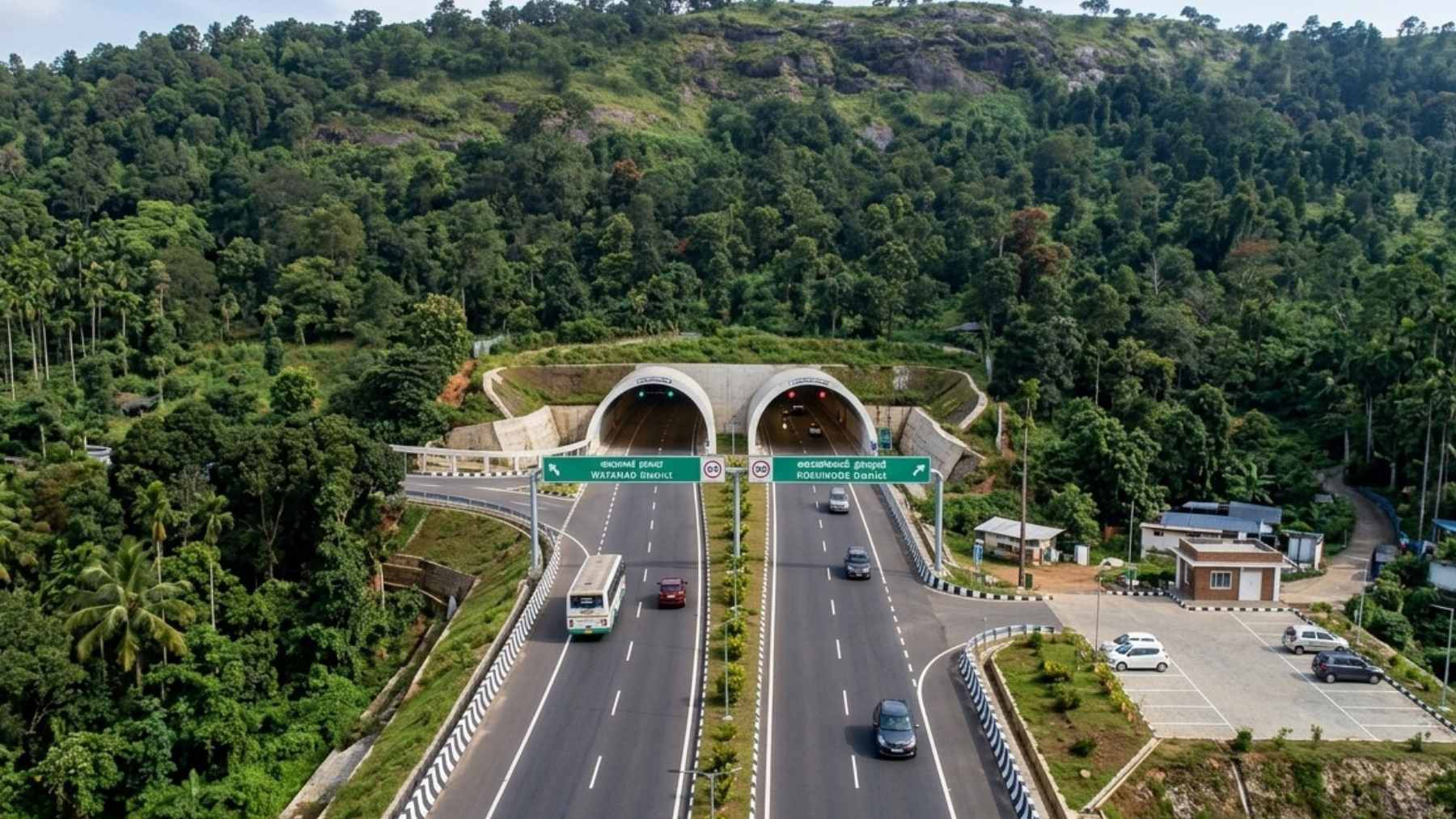 India is spending $300 million to drill a 2-kilometer tunnel through a mountain to connect two cut off districts 2 Construction work underway at the site of the Kozhikode-Wayanad twin-tube tunnel project, designed to provide safer all-weather connectivity in Kerala.