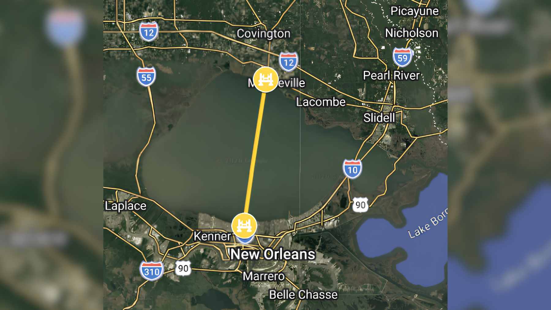 The longest bridge in the United States stretches so far over water that for miles you can't see land 2 The twin spans of the Lake Pontchartrain Causeway stretching across open water in Louisiana, as seen from a low angle.
