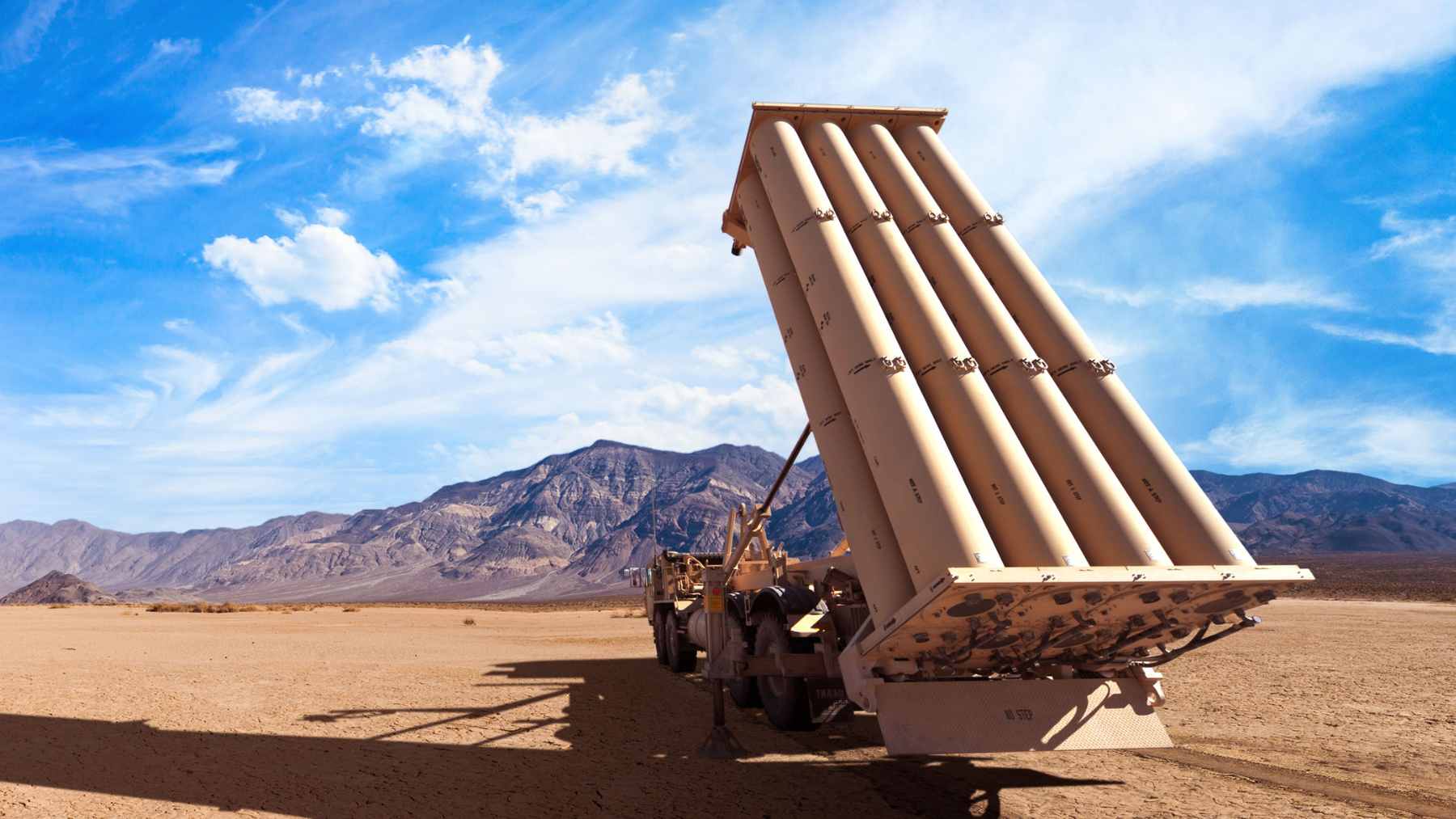 A Lockheed Martin THAAD interceptor launch vehicle on display, representing the primary hardware covered under the recent production expansion contract.
