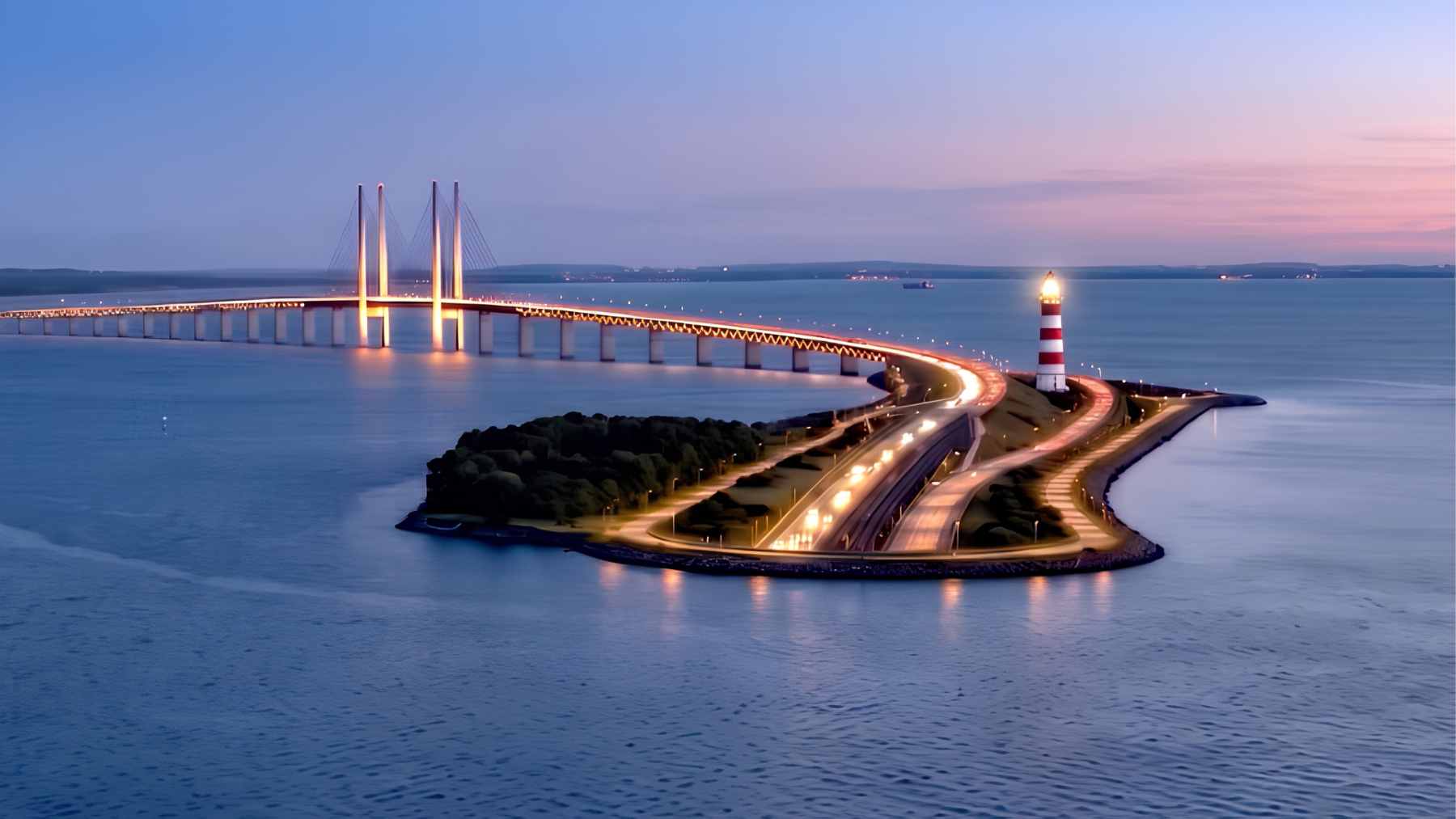 AI-generated rendering of a massive bridge and tunnel structure spanning the Long Island Sound connecting Connecticut and New York.