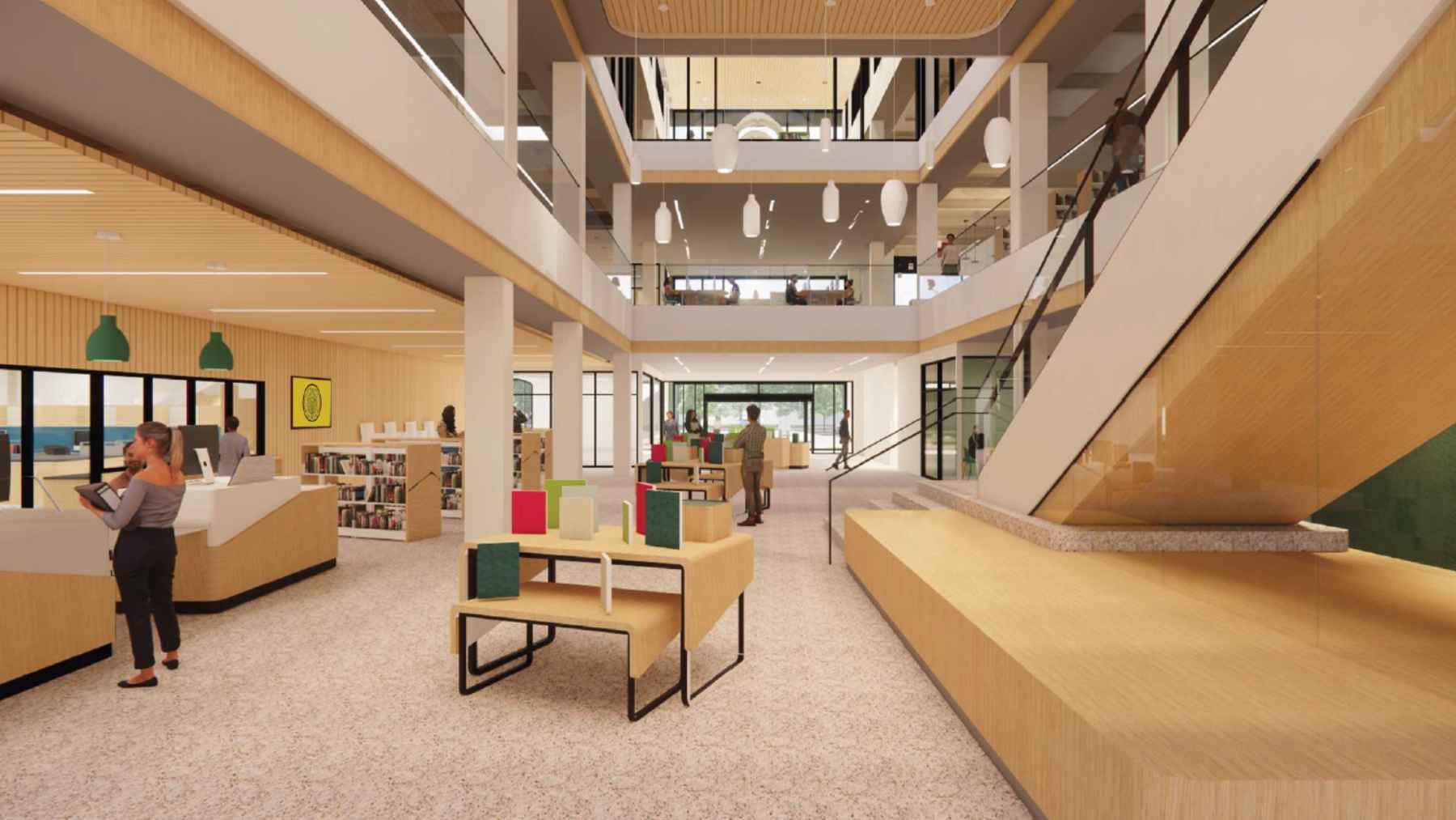 The exterior view of the new all-electric, net-zero Manchester Public Library building in Connecticut.