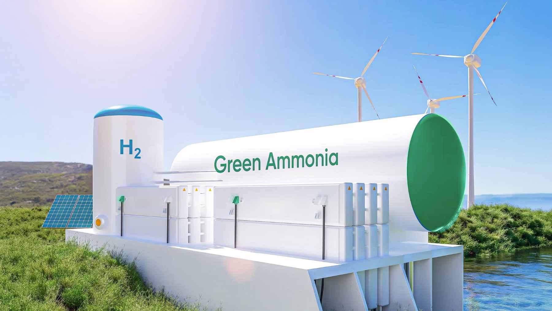 Large-scale solar panels and wind turbines installed in a desert landscape to power green energy industrial facilities.