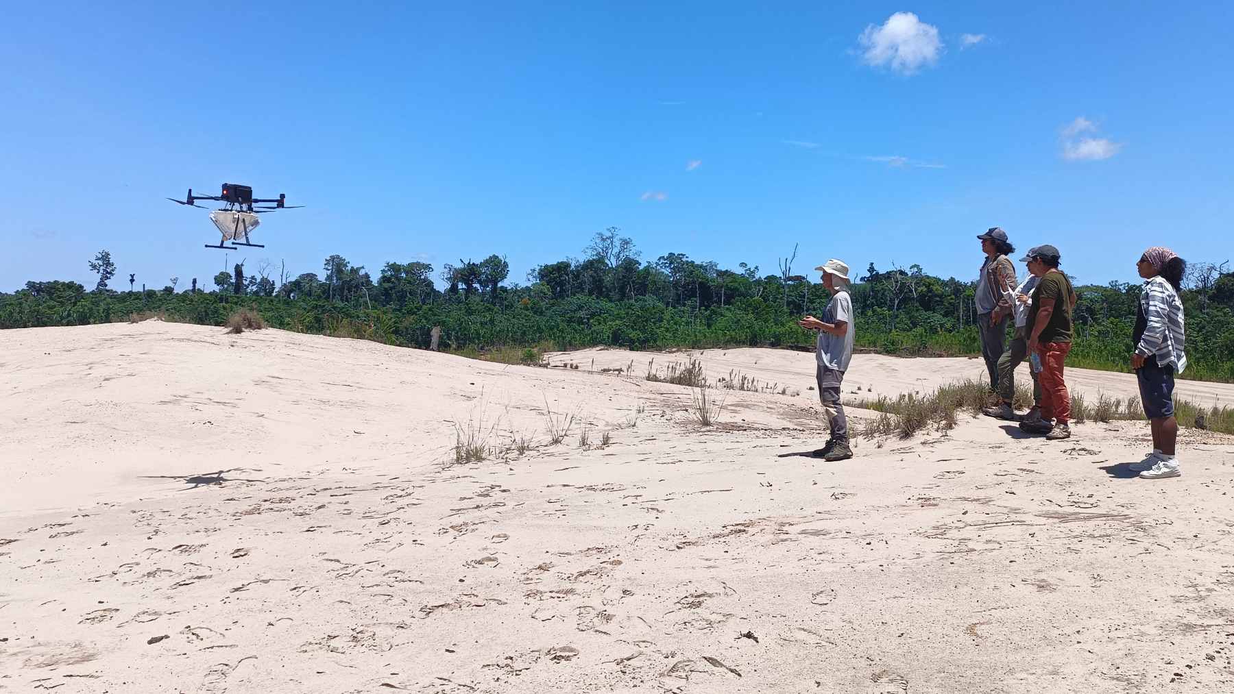 A former NASA engineer built drones that 'plant' 40 million trees a year across the Amazon and California 1 A Flying Forests drone equipped with a rapid-fire launcher dispensing nutrient-rich seed balls over a deforested landscape.