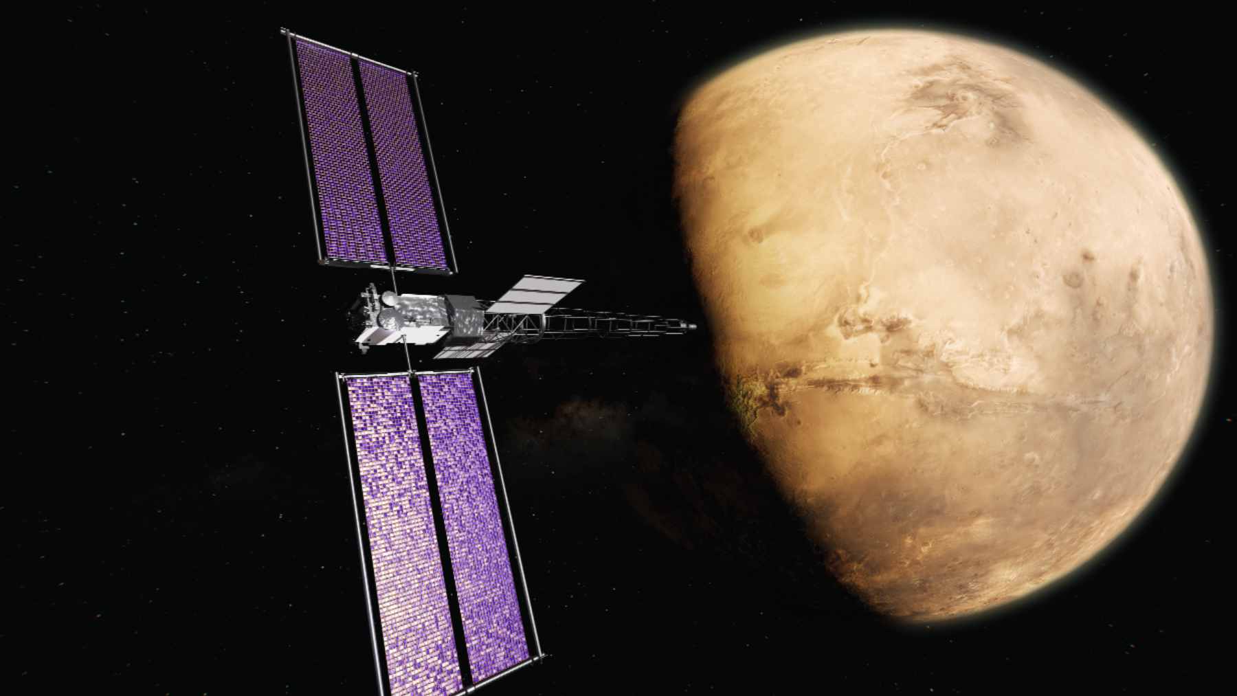 A digital rendering of NASA's SR-1 Freedom spacecraft utilizing a fission reactor for nuclear electric propulsion on its trajectory toward Mars.