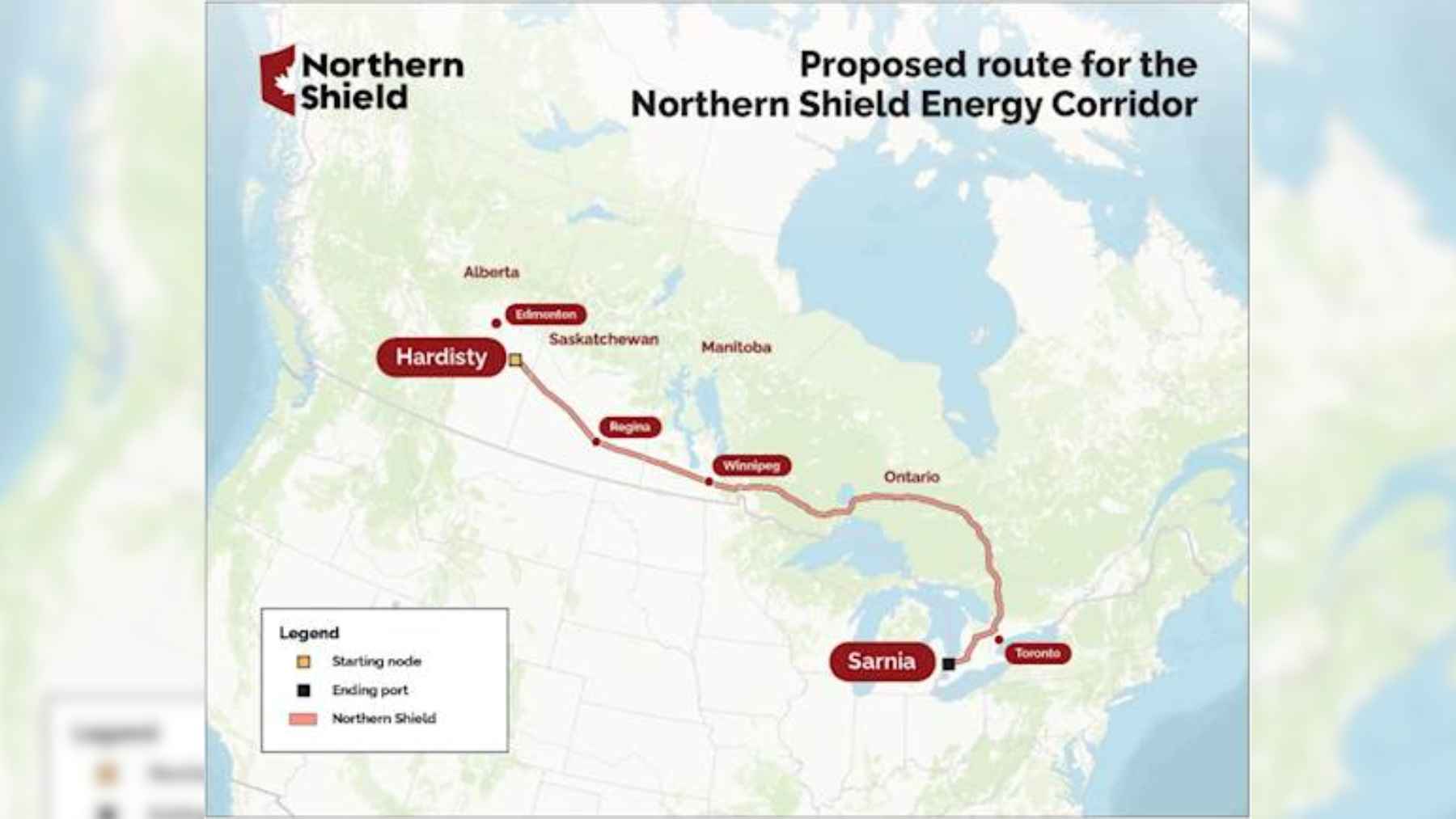 A digital map illustration showing a proposed oil pipeline route spanning across Canadian provinces from Alberta to Ontario.