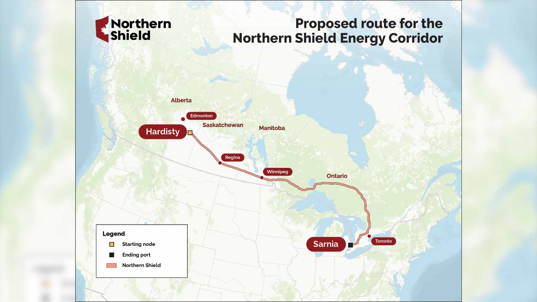 A vast Canadian landscape mapped with a proposed cross-country oil pipeline route connecting Alberta to Ontario.