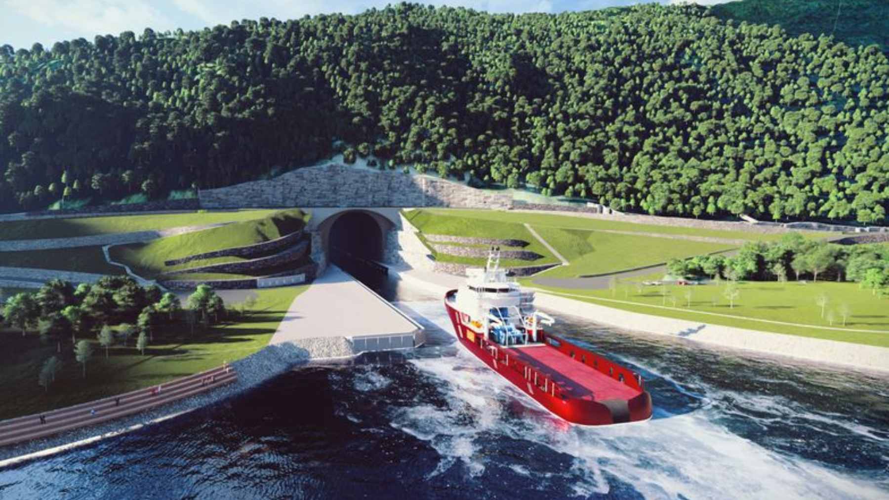 Norway is building the world's first ship tunnel, boring 1 mile through solid rock to link two fjords: work starts in 2027 1 A 3D architectural rendering showing a coastal ship entering the entrance of the Stad Ship Tunnel carved into the Stad Peninsula.