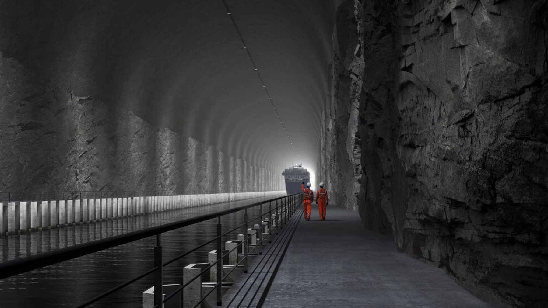 A 3D architectural rendering showing a coastal ship entering the entrance of the Stad Ship Tunnel carved into the Stad Peninsula.