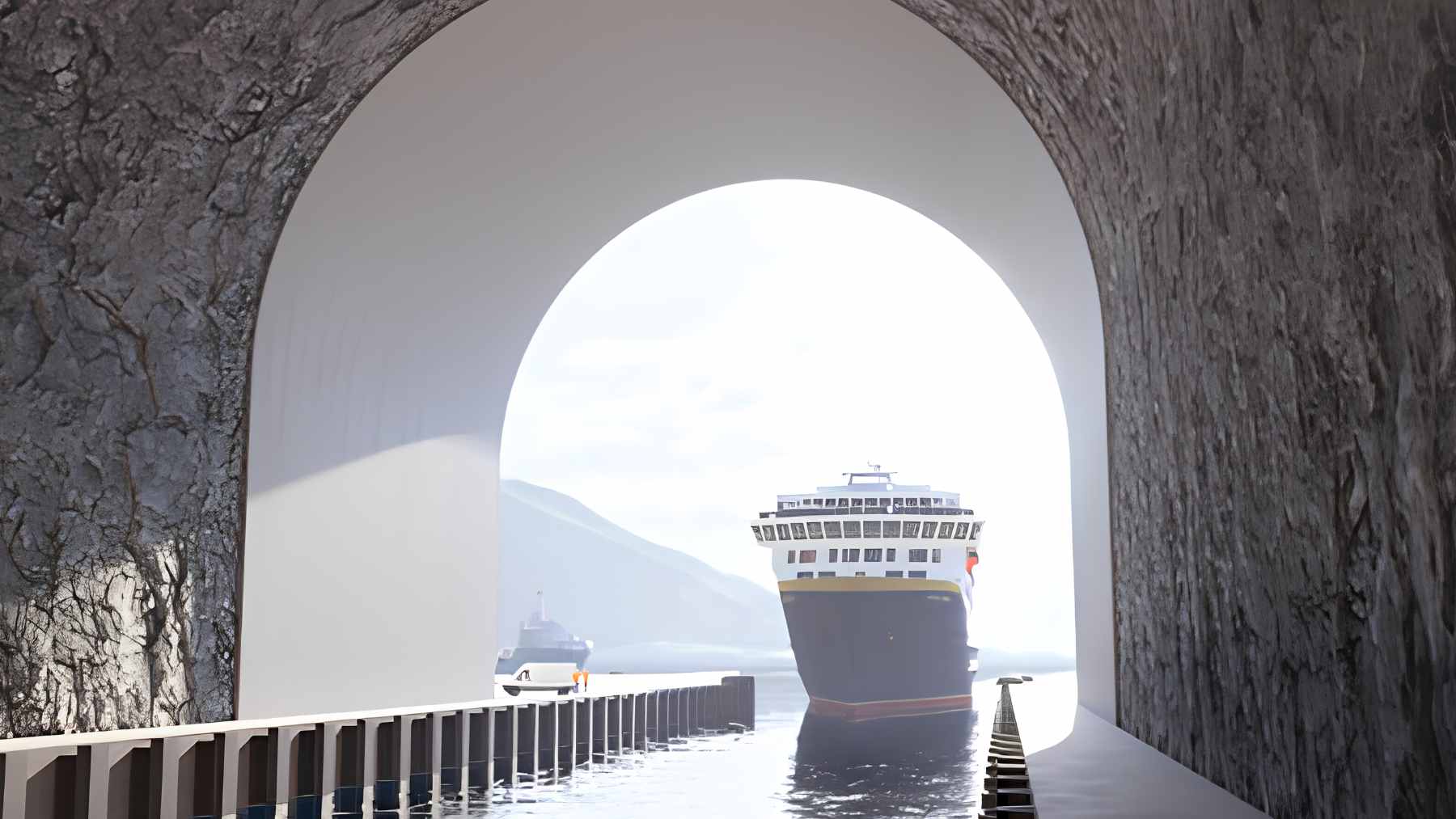 A digital visualization showing a large coastal vessel entering the massive entrance of the Stad Ship Tunnel carved into a Norwegian mountain.