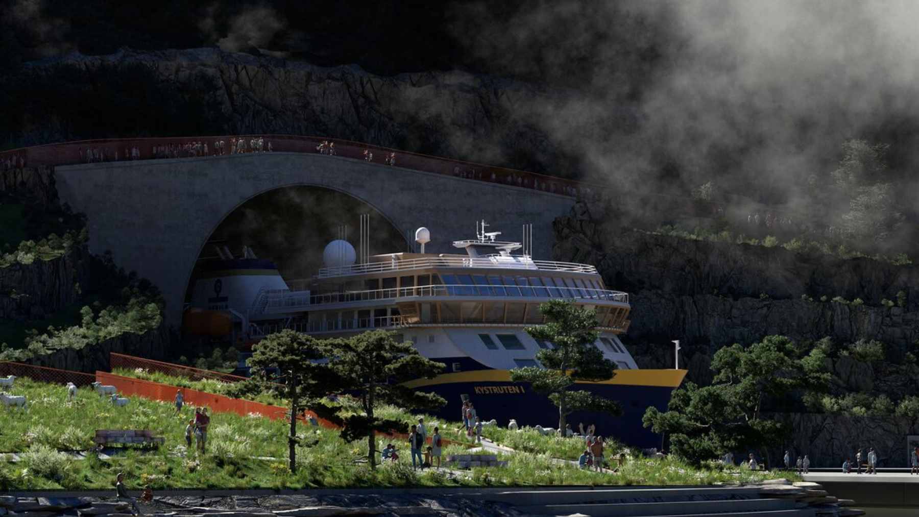 Norway is quietly boring a 1.7-km tunnel through a mountain to hide its ships from one of Europe's deadliest seas 1 A digital visualization showing a large coastal vessel entering the massive entrance of the Stad Ship Tunnel carved into a Norwegian mountain.