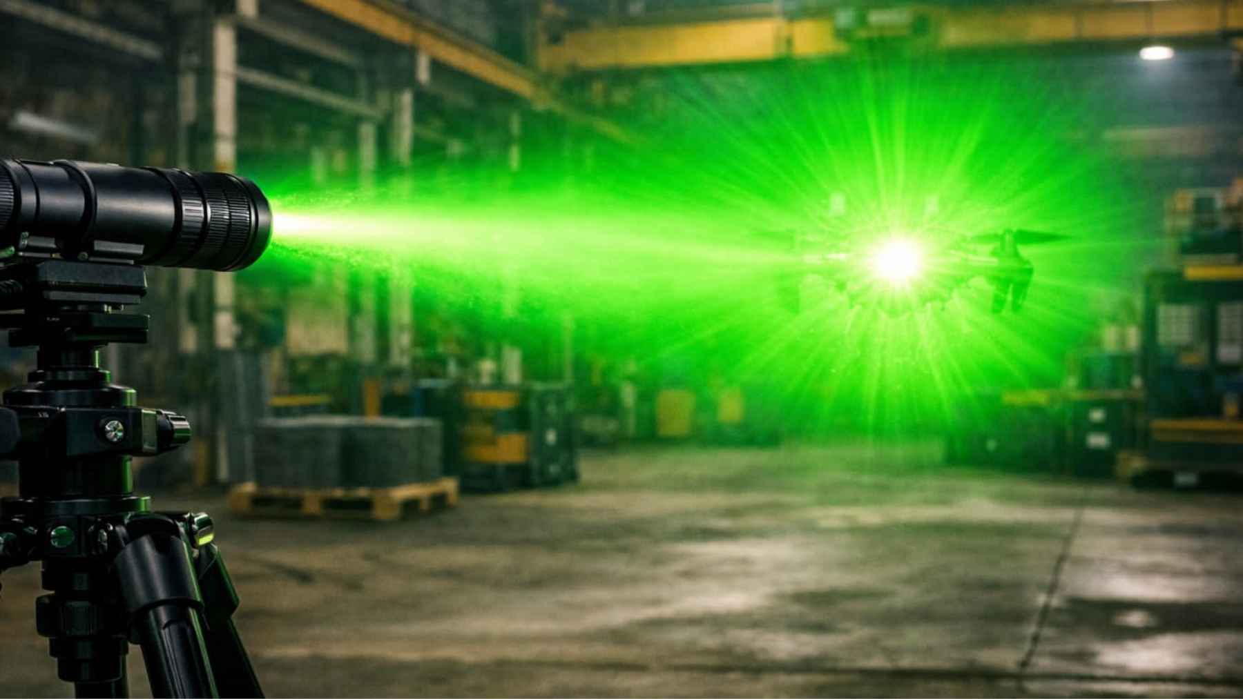 A high-power laser beam weapon system testing optical sensor denial and anti-drone capabilities in a lab.